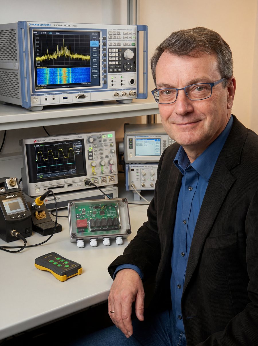 Andreas Tschammer, Geschäftsführer der DATELSOFT GmbH & Co. KG, an seinem Messplatz mit Spektrumanalysator und Oszilloskop